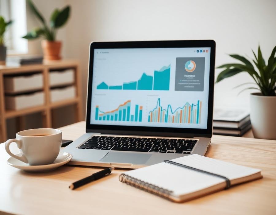Laptop showing property market analytics on a desk